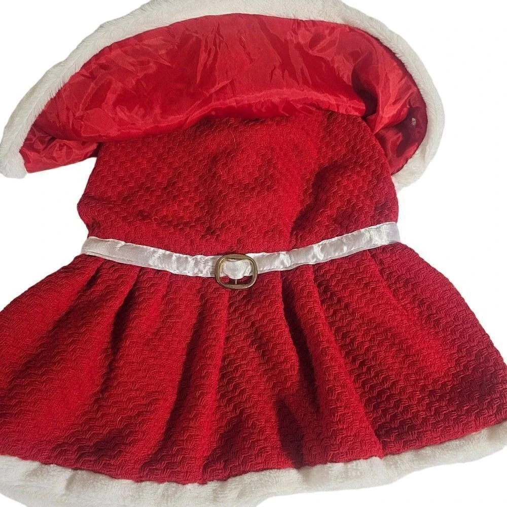 Santa Dress‎ Dog Cat Pet Costume Red Plaid Fuzzy Trim Belted Size L